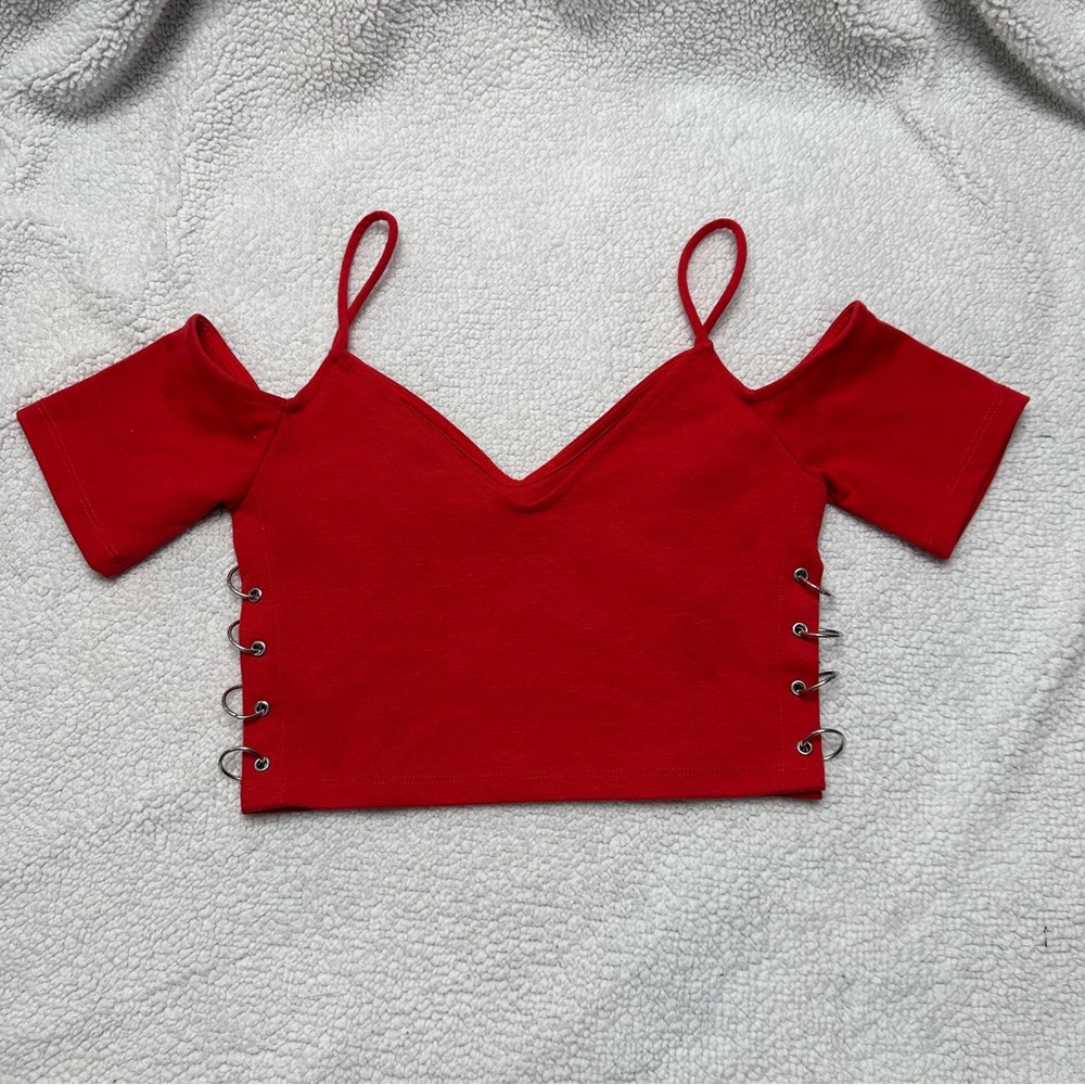 Women’s Red Topshop Cropped Top Cold Shoulder Spaghetti Strap V neck - Picture 12 of 14